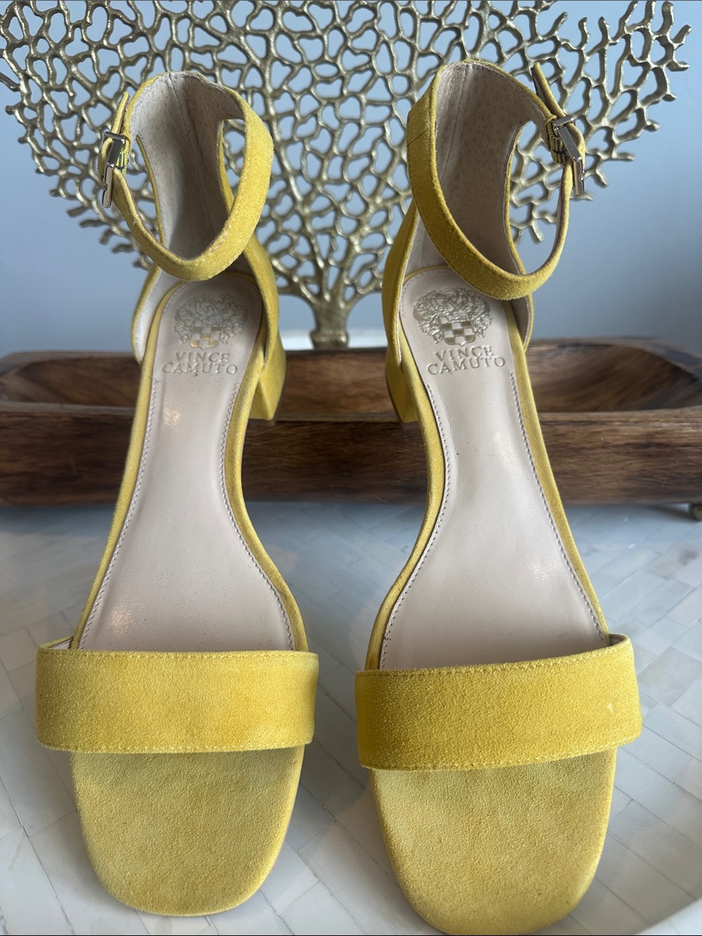 Vince Camuto Yellow Suede Ankle-Strap Block Heels